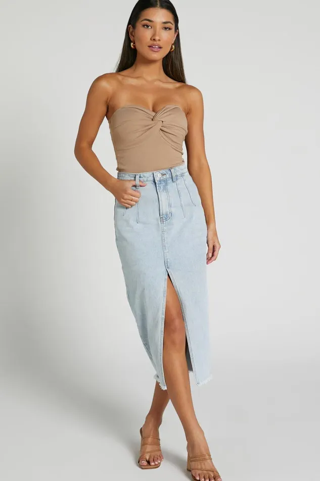 Janeve Midi Skirt 8211 Front Split Denim Skirt In MID WASH Women Showpo Denim