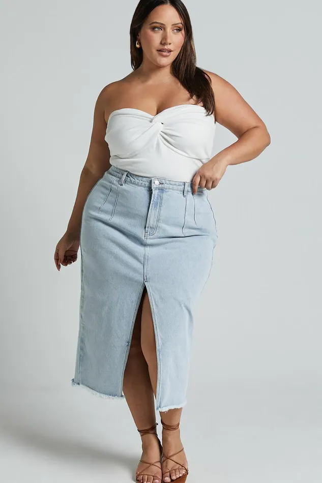 Janeve Midi Skirt 8211 Front Split Denim Skirt In MID WASH Women Showpo Denim