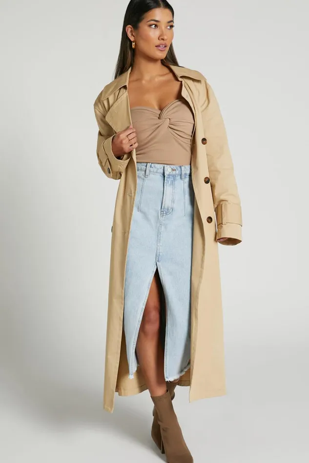 Janeve Midi Skirt 8211 Front Split Denim Skirt In MID WASH Women Showpo Denim