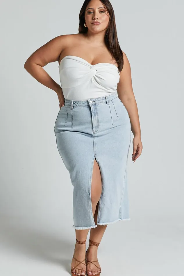 Janeve Midi Skirt 8211 Front Split Denim Skirt In MID WASH Women Showpo Denim