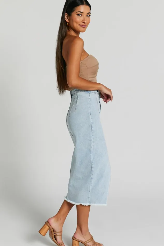 Janeve Midi Skirt 8211 Front Split Denim Skirt In MID WASH Women Showpo Denim