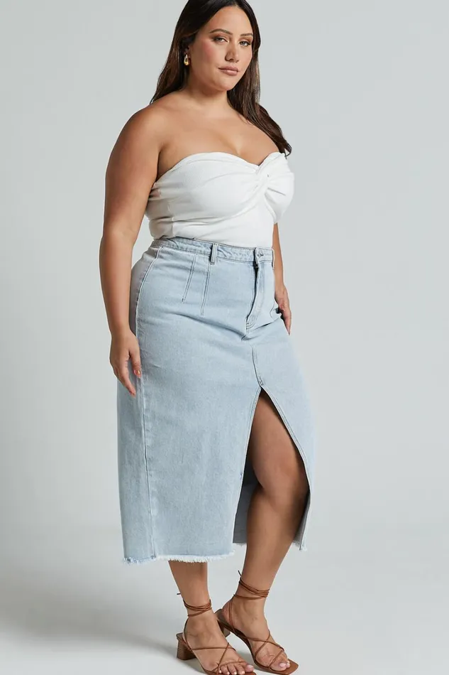 Janeve Midi Skirt 8211 Front Split Denim Skirt In MID WASH Women Showpo Denim
