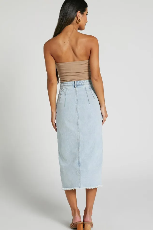 Janeve Midi Skirt 8211 Front Split Denim Skirt In MID WASH Women Showpo Denim