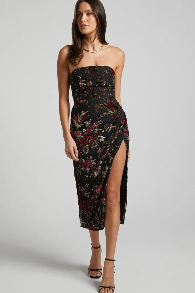 Jessell Midi Dress 8211 High Split Strapless Dress In Black Floral Women Showpo Curve Clothes Jessell Midi Dress 8211 High Split Strapless Dress In Black Floral Women Showpo Curve Clothes