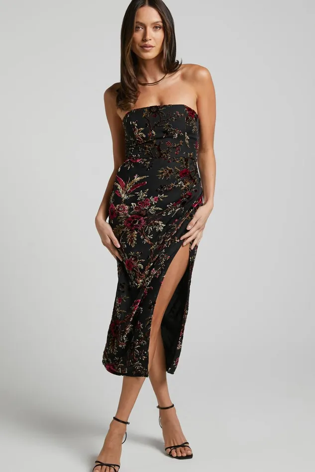 Jessell Midi Dress 8211 High Split Strapless Dress In Black Floral Women Showpo Curve Clothes