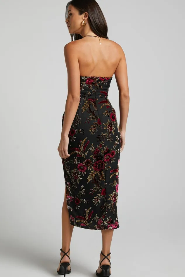 Jessell Midi Dress 8211 High Split Strapless Dress In Black Floral Women Showpo Curve Clothes