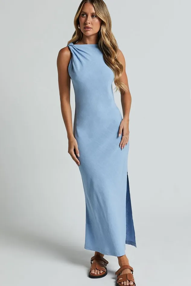 Jessenia Maxi Dress 8211 Linen Look High Neck Dress In Blue Women Showpo Curve Clothes