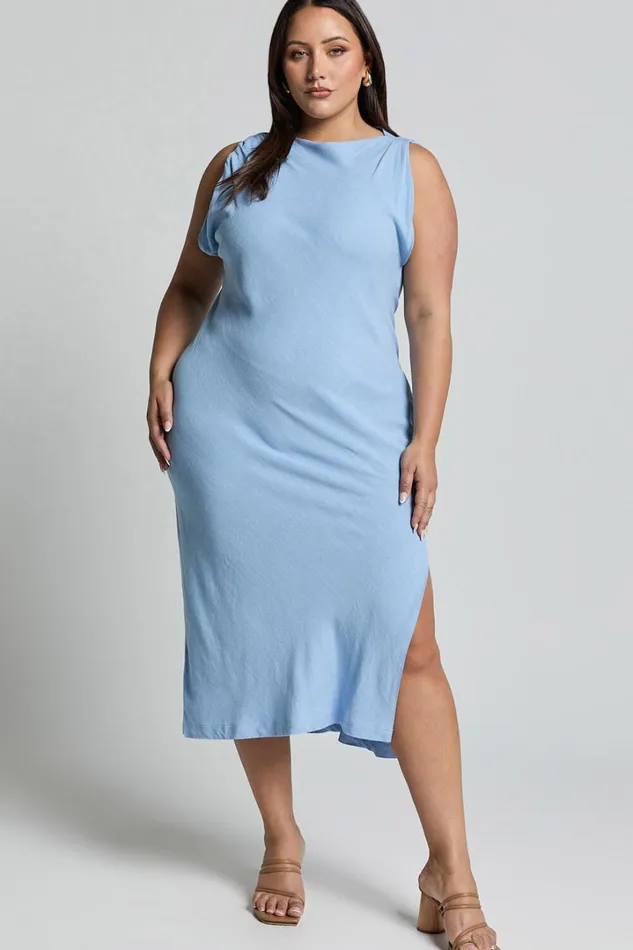Jessenia Maxi Dress 8211 Linen Look High Neck Dress In Blue Women Showpo Curve Clothes