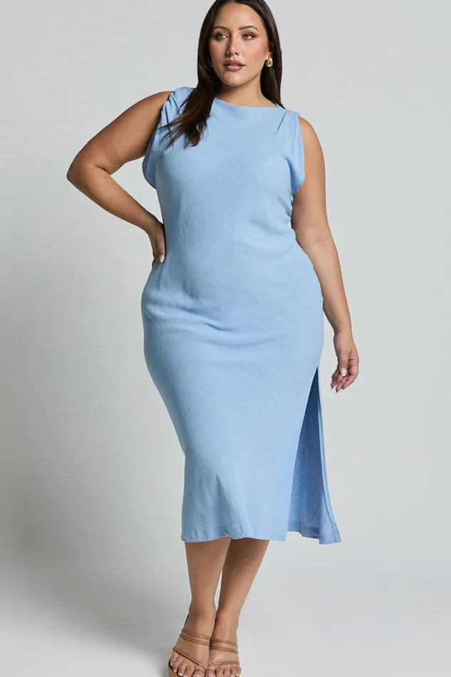 Jessenia Maxi Dress 8211 Linen Look High Neck Dress In Blue Women Showpo Curve Clothes