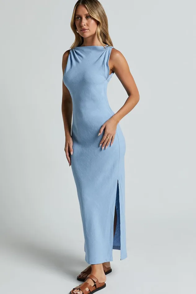 Jessenia Maxi Dress 8211 Linen Look High Neck Dress In Blue Women Showpo Curve Clothes