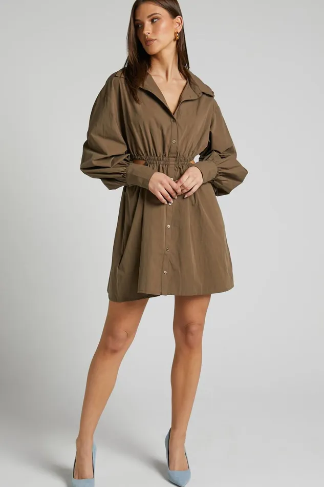 Jiah Dress 8211 Side Cut Out Mini Shirt Dress In Khaki Women Showpo Dresses