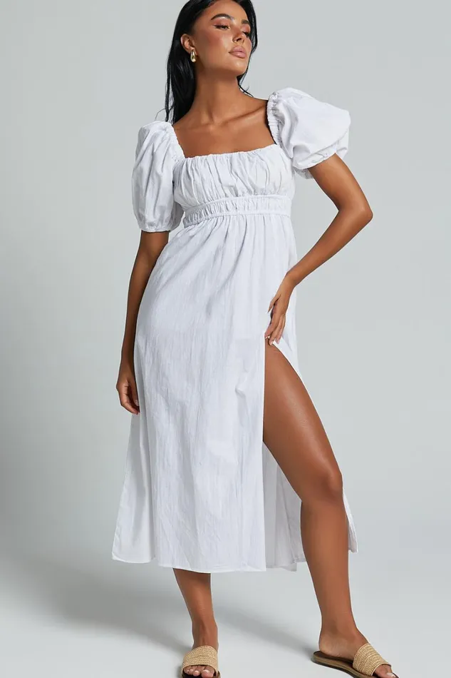 Jovanie Midi Dress 8211 Square Neck Short Puff Sleeve Elasticated Waist Thigh Split Dress In White Women Showpo Dresses