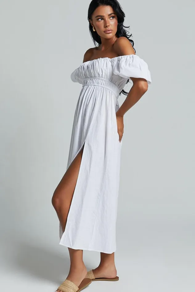 Jovanie Midi Dress 8211 Square Neck Short Puff Sleeve Elasticated Waist Thigh Split Dress In White Women Showpo Dresses
