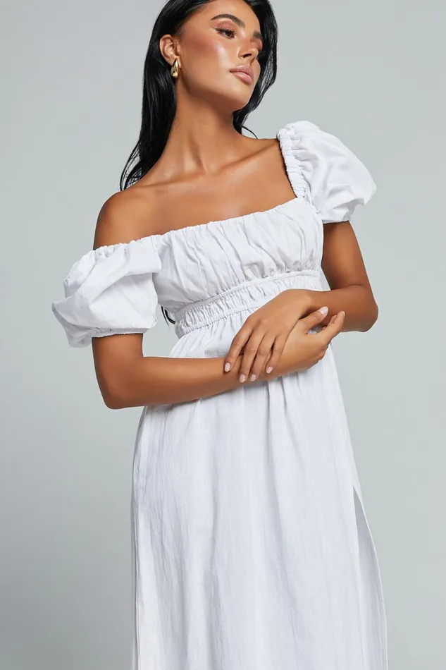 Jovanie Midi Dress 8211 Square Neck Short Puff Sleeve Elasticated Waist Thigh Split Dress In White Women Showpo Dresses