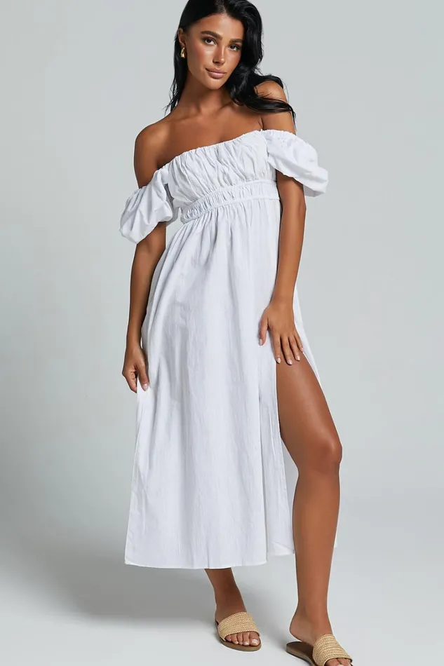 Jovanie Midi Dress 8211 Square Neck Short Puff Sleeve Elasticated Waist Thigh Split Dress In White Women Showpo Dresses