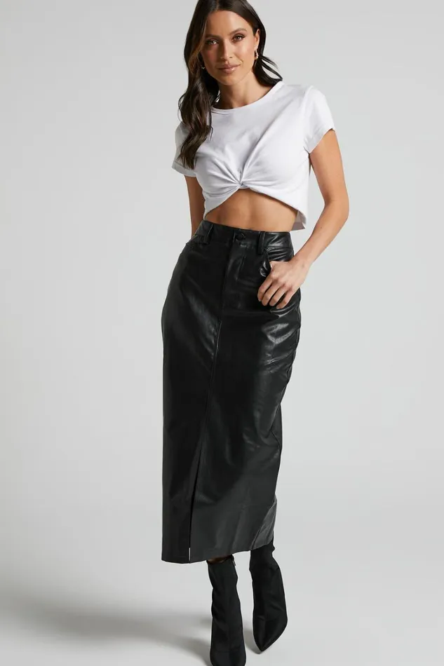 Jules Midi Skirt 8211 Faux Leather High Waisted Front Split Midi Skirt In Black Women Showpo Skirts Jules Midi Skirt 8211 Faux Leather High Waisted Front Split Midi Skirt In Black Women Showpo Skirts