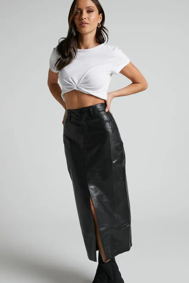 Jules Midi Skirt 8211 Faux Leather High Waisted Front Split Midi Skirt In Black Women Showpo Skirts
