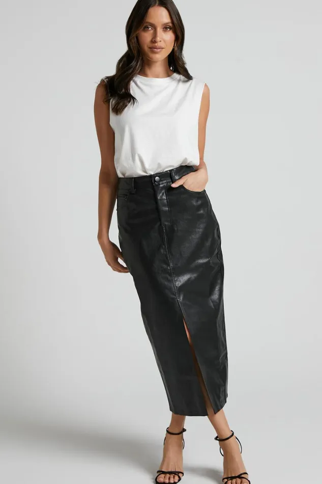 Jules Midi Skirt 8211 Faux Leather High Waisted Front Split Midi Skirt In Black Women Showpo Skirts