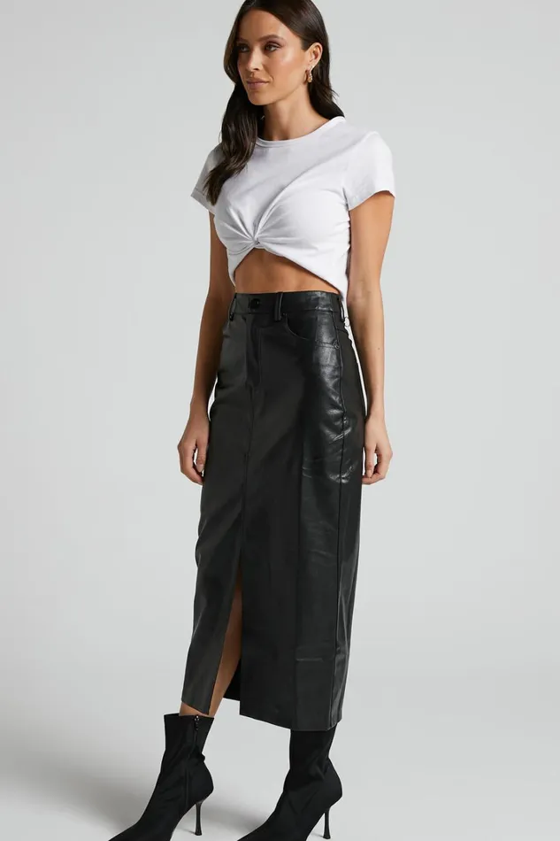 Jules Midi Skirt 8211 Faux Leather High Waisted Front Split Midi Skirt In Black Women Showpo Skirts