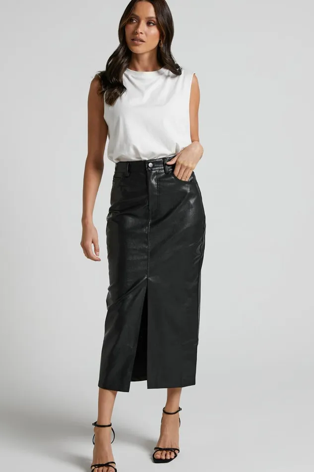 Jules Midi Skirt 8211 Faux Leather High Waisted Front Split Midi Skirt In Black Women Showpo Skirts
