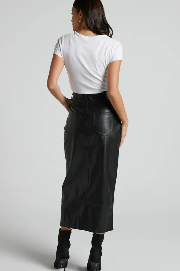 Jules Midi Skirt 8211 Faux Leather High Waisted Front Split Midi Skirt In Black Women Showpo Skirts