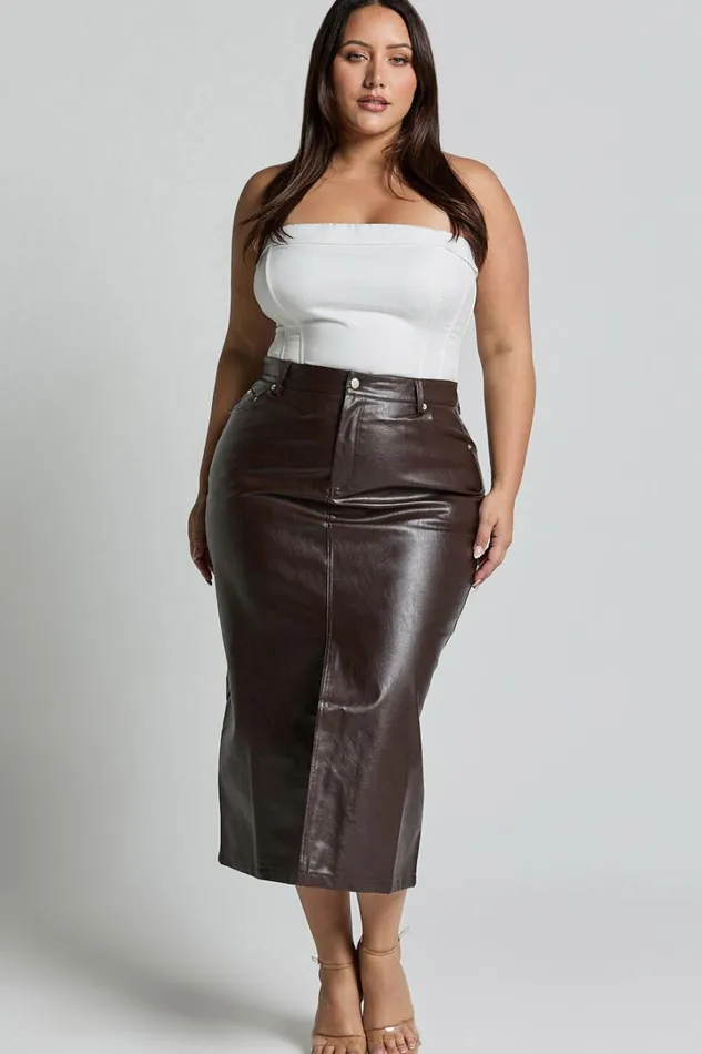 Jules Midi Skirt 8211 Faux Leather High Waisted Front Split Midi Skirt In Chocolate Women Showpo Curve Clothes