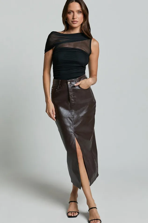 Jules Midi Skirt 8211 Faux Leather High Waisted Front Split Midi Skirt In Chocolate Women Showpo Curve Clothes