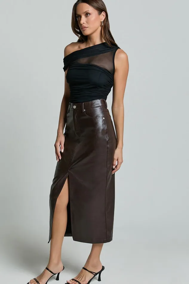 Jules Midi Skirt 8211 Faux Leather High Waisted Front Split Midi Skirt In Chocolate Women Showpo Curve Clothes