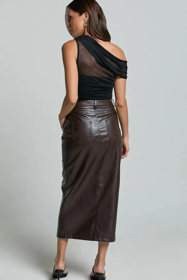 Jules Midi Skirt 8211 Faux Leather High Waisted Front Split Midi Skirt In Chocolate Women Showpo Curve Clothes