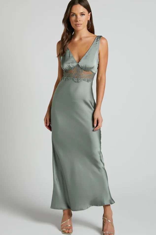 Juliet Midi Dress 8211 V Neck Lace Insert Satin Slip Dress In Olive Women Showpo Dresses Juliet Midi Dress 8211 V Neck Lace Insert Satin Slip Dress In Olive Women Showpo Dresses