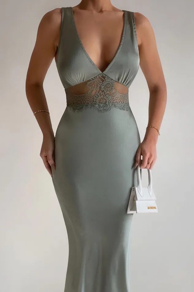 Juliet Midi Dress 8211 V Neck Lace Insert Satin Slip Dress In Olive Women Showpo Dresses
