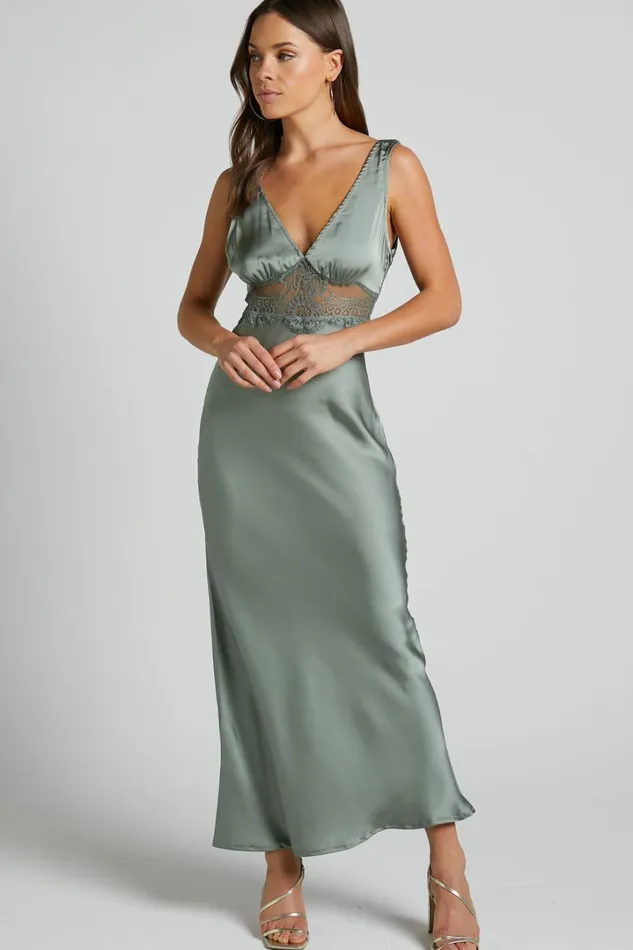 Juliet Midi Dress 8211 V Neck Lace Insert Satin Slip Dress In Olive Women Showpo Dresses