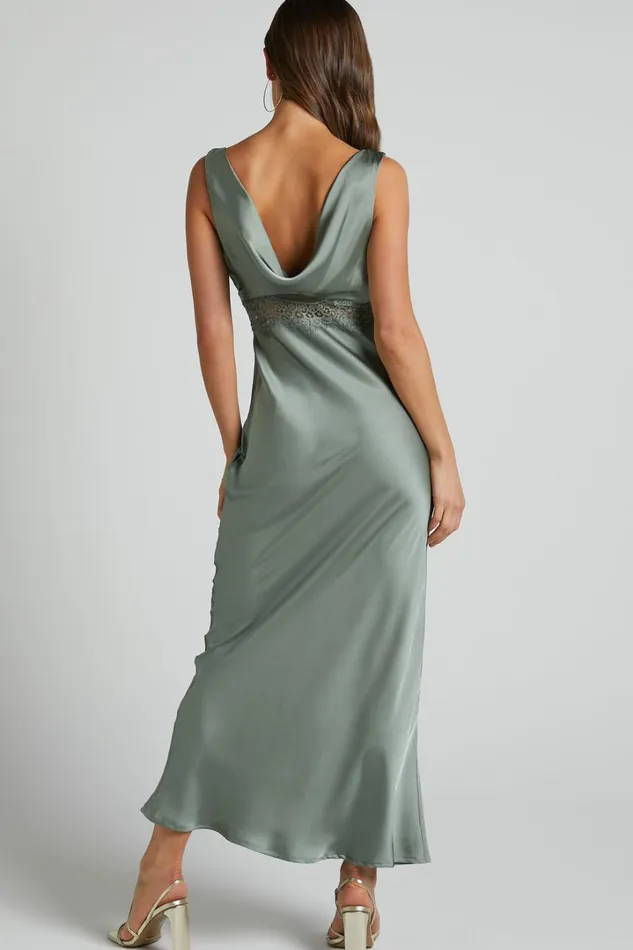 Juliet Midi Dress 8211 V Neck Lace Insert Satin Slip Dress In Olive Women Showpo Dresses