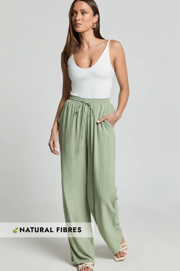 Kala Pants 8211 Mid Waisted Relaxed Elastic Waist Pants In Sage Women Showpo Conscious