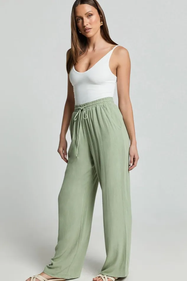 Kala Pants 8211 Mid Waisted Relaxed Elastic Waist Pants In Sage Women Showpo Conscious