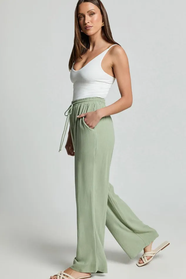 Kala Pants 8211 Mid Waisted Relaxed Elastic Waist Pants In Sage Women Showpo Conscious