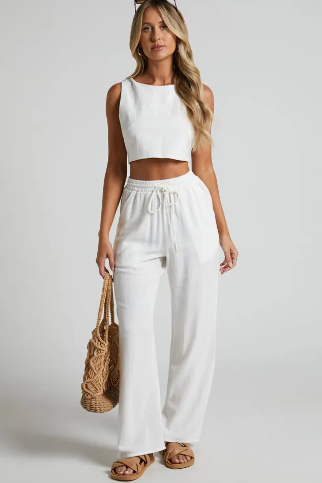 Kala Pants 8211 Mid Waisted Relaxed Elastic Waist Pants In White Women Showpo Pants