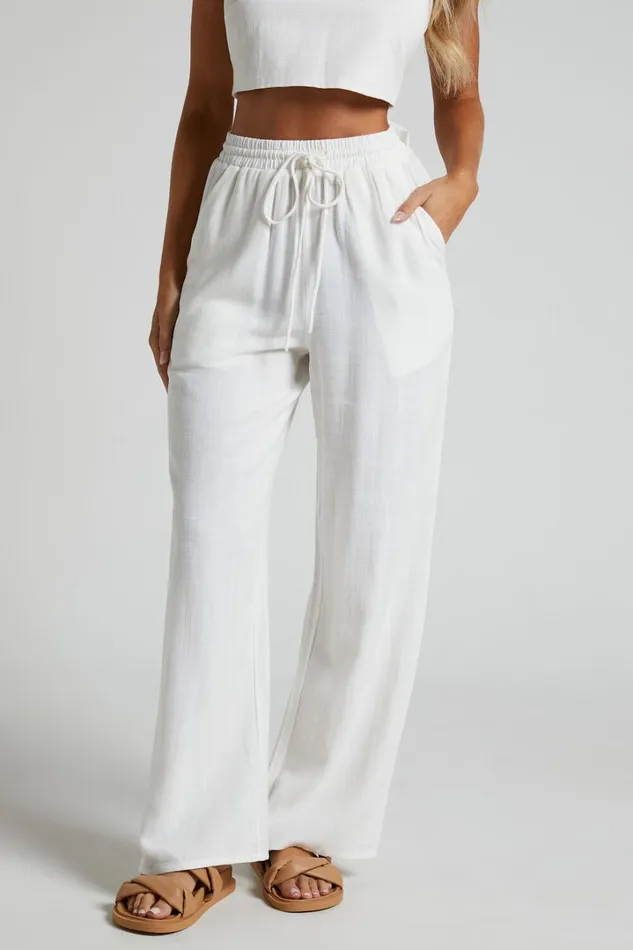 Kala Pants 8211 Mid Waisted Relaxed Elastic Waist Pants In White Women Showpo Pants