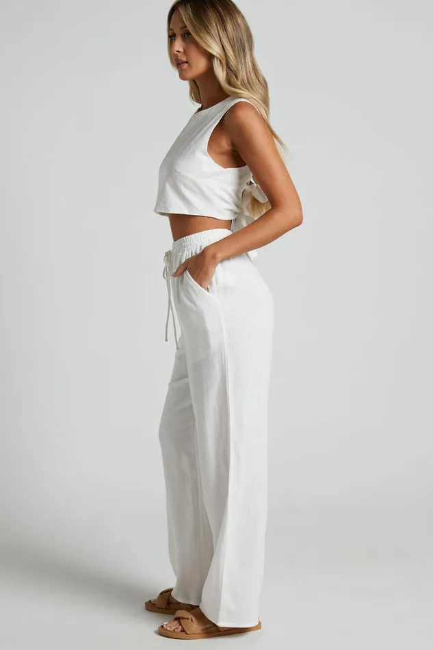 Kala Pants 8211 Mid Waisted Relaxed Elastic Waist Pants In White Women Showpo Pants