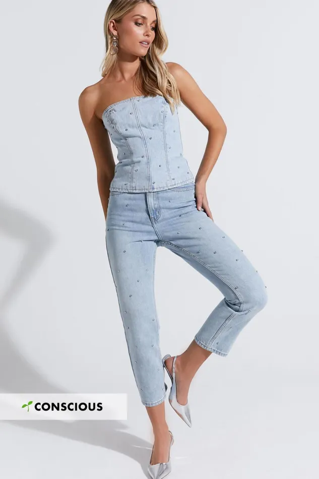 Karter Jeans 8211 High Waisted Rhinestone Straight Leg Denim Jeans In Light Blue Wash Women Showpo Jeans
