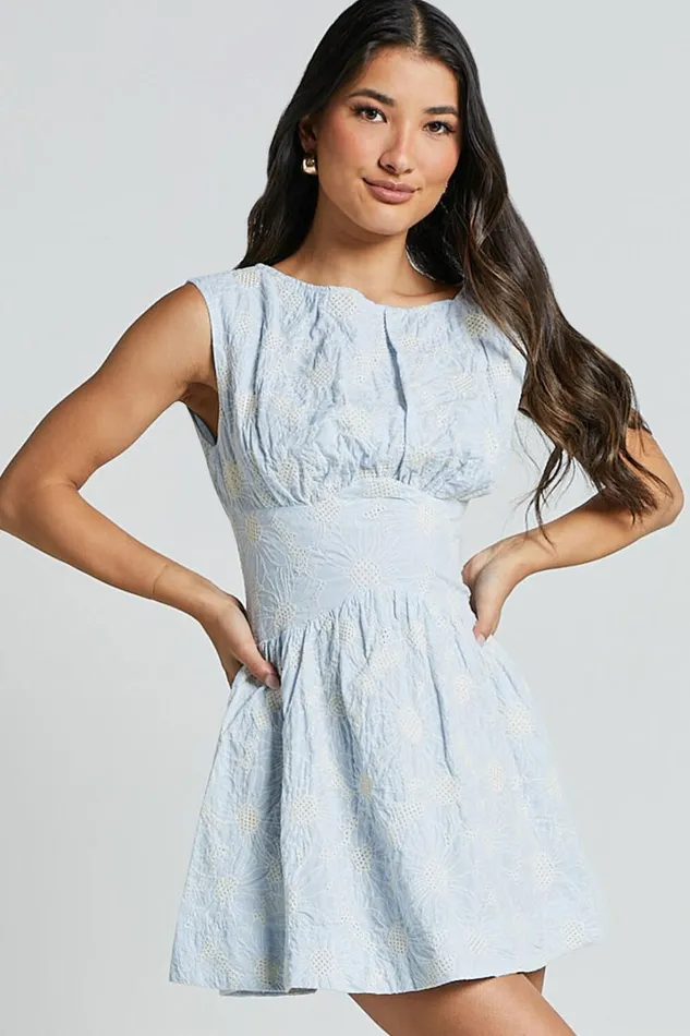 Kaylee Mini Dress 8211 Broderie Anglaise Sleeveless Scoop Neck Dress In Blue Women Showpo Dresses Kaylee Mini Dress 8211 Broderie Anglaise Sleeveless Scoop Neck Dress In Blue Women Showpo Dresses