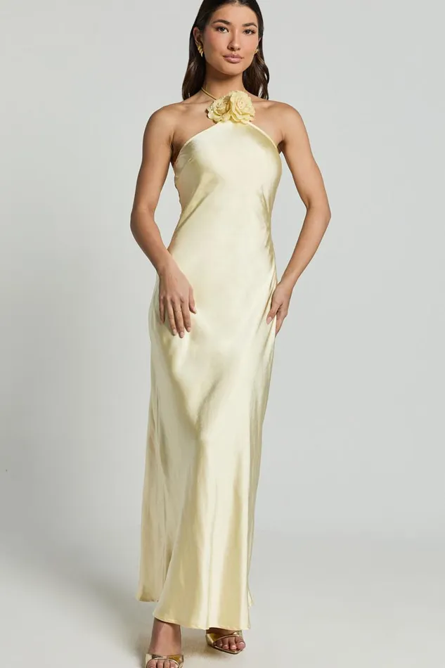 Keithy Midi Dress 8211 Rosette Halter Neck Slip Dress In Lemon Women Showpo Dresses