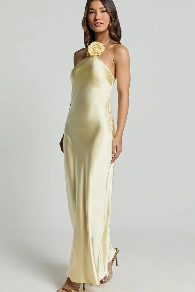Keithy Midi Dress 8211 Rosette Halter Neck Slip Dress In Lemon Women Showpo Dresses