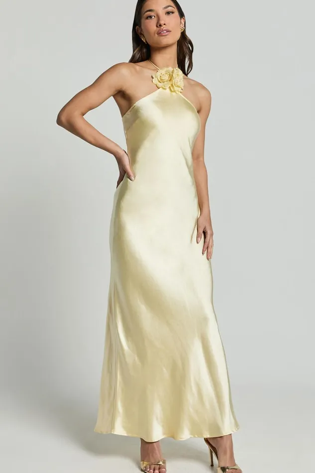 Keithy Midi Dress 8211 Rosette Halter Neck Slip Dress In Lemon Women Showpo Dresses
