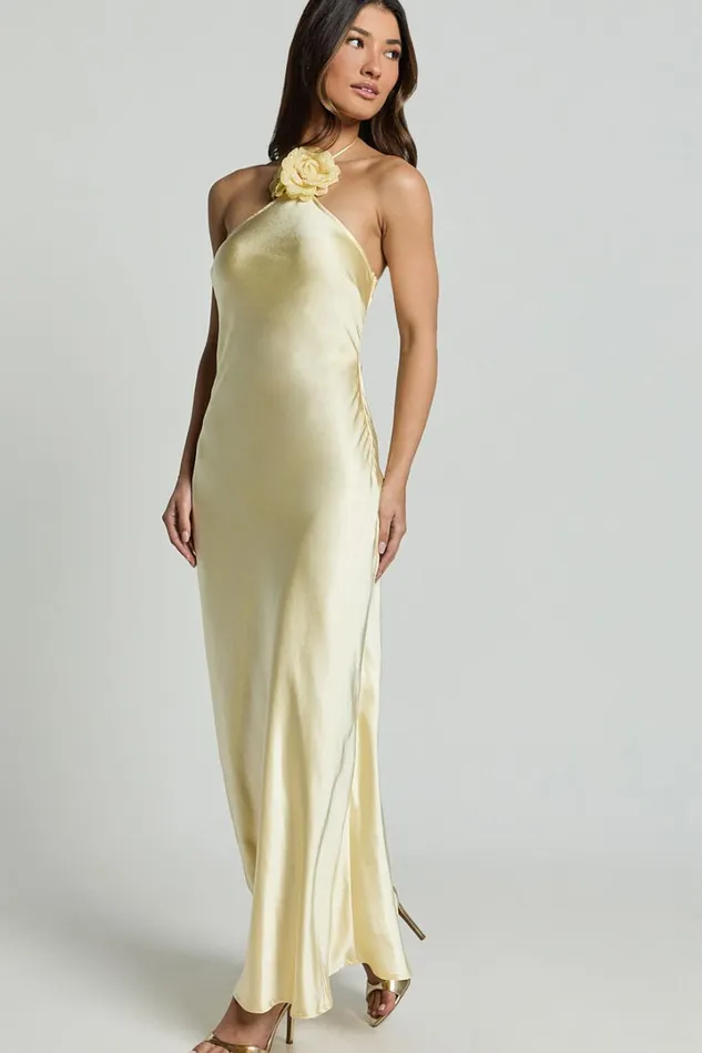 Keithy Midi Dress 8211 Rosette Halter Neck Slip Dress In Lemon Women Showpo Dresses