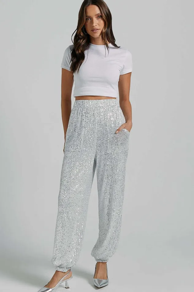 Kendrick Pant 8211 Elasticated High Waist Sequin Jogger In Silver Women Showpo Loungewear