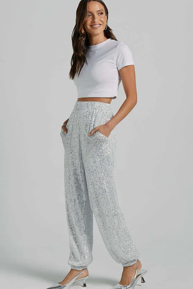 Kendrick Pant 8211 Elasticated High Waist Sequin Jogger In Silver Women Showpo Loungewear