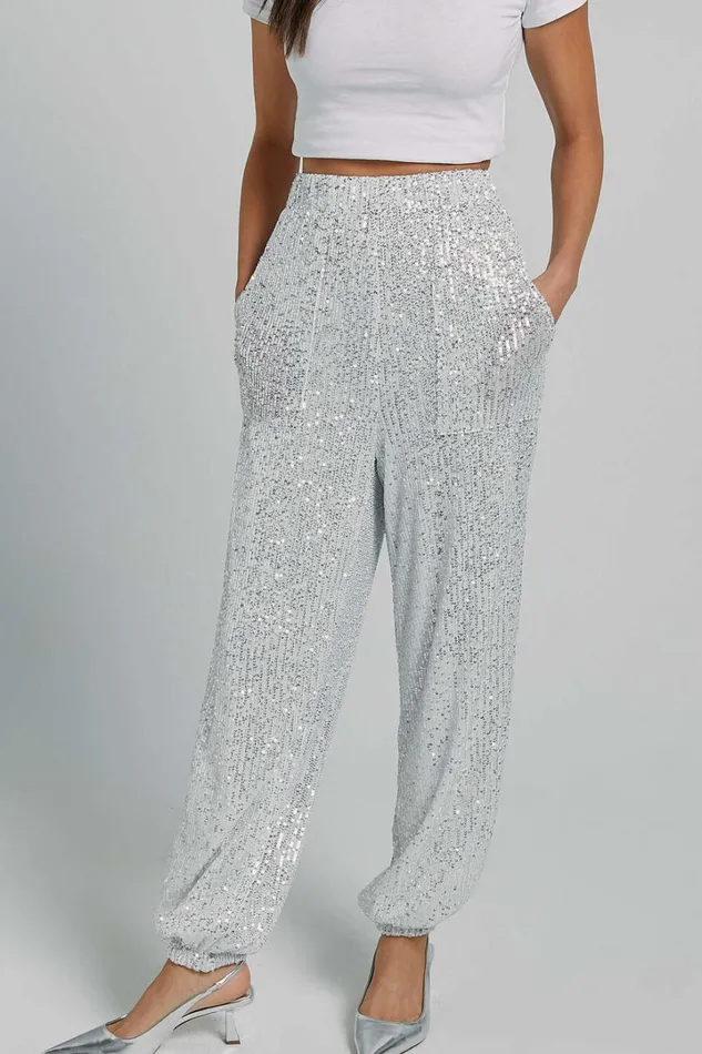 Kendrick Pant 8211 Elasticated High Waist Sequin Jogger In Silver Women Showpo Loungewear