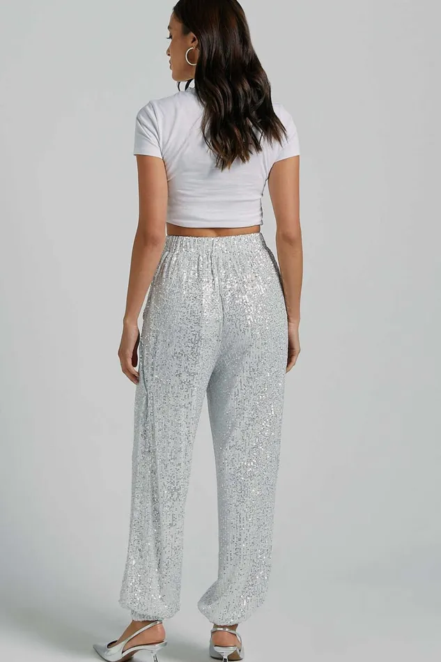 Kendrick Pant 8211 Elasticated High Waist Sequin Jogger In Silver Women Showpo Loungewear