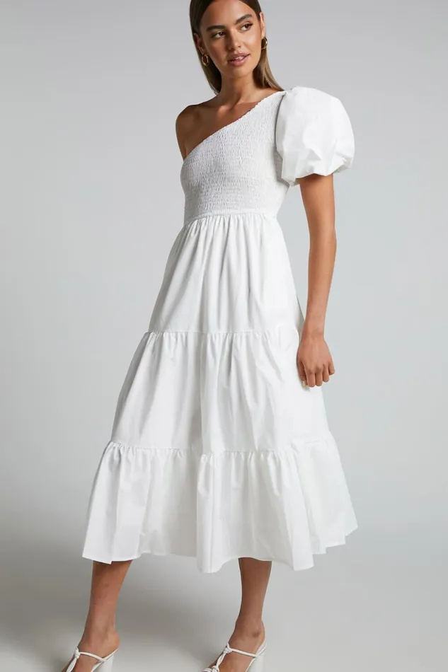 Kennedy Midi Dress 8211 One Shoulder Puff Sleeve Shirred Dress In White Women Showpo Dresses Kennedy Midi Dress 8211 One Shoulder Puff Sleeve Shirred Dress In White Women Showpo Dresses